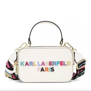 NWT Karl Lagerfeld Simone Lunchbox Double zip Crossbody Bag pebble white leather